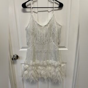 White Fringe Feather and Sequin Dress